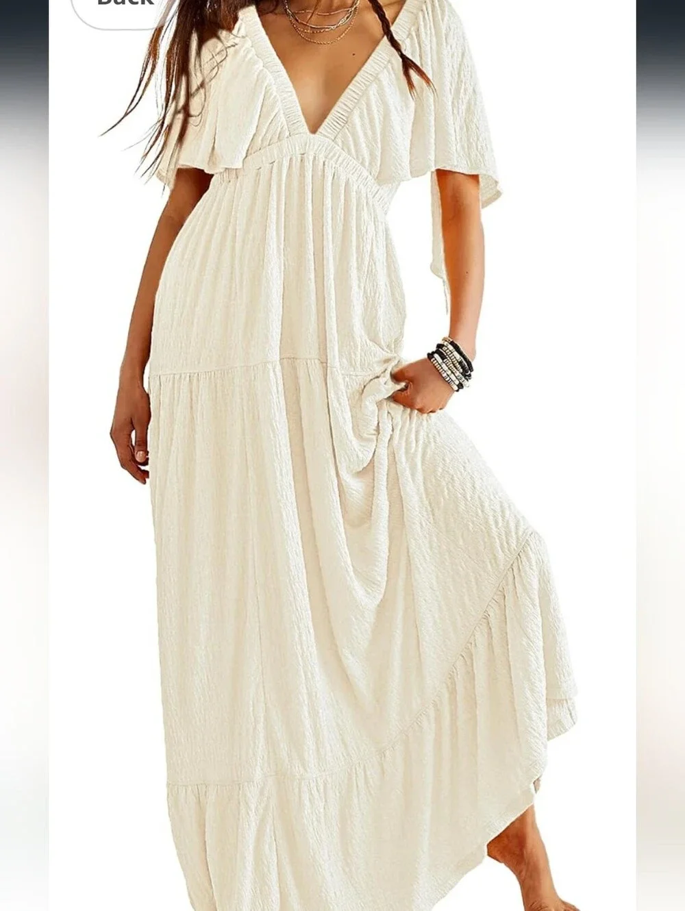 Boho Cream Deep V-Neck Open Back Tiered Maxi Dress XL